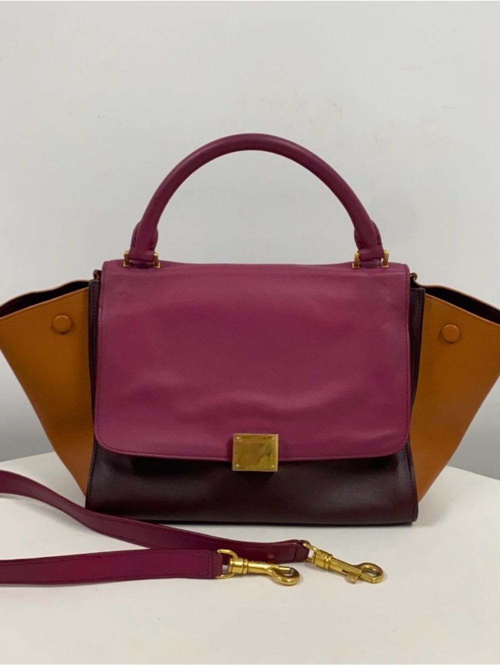 Celine Tricolor Leather Shoulder Bag in Fuchsia, Burgundy & Tan